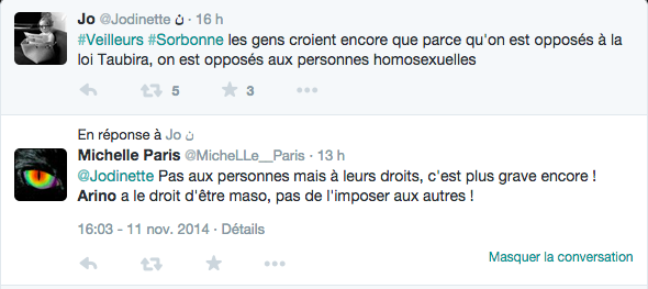 Tweet échangé le 11 novembre 2014 à propos de mon intervention aux Veilleurs de Paris (Sorbonne)