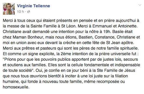 Post de Virginie Tellenne (alias Frigide Barjot) le 28 décembre 2015 sur Facebook